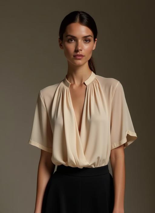 Model wearing the silk charmeuse blouse from the Elegante Milano collection